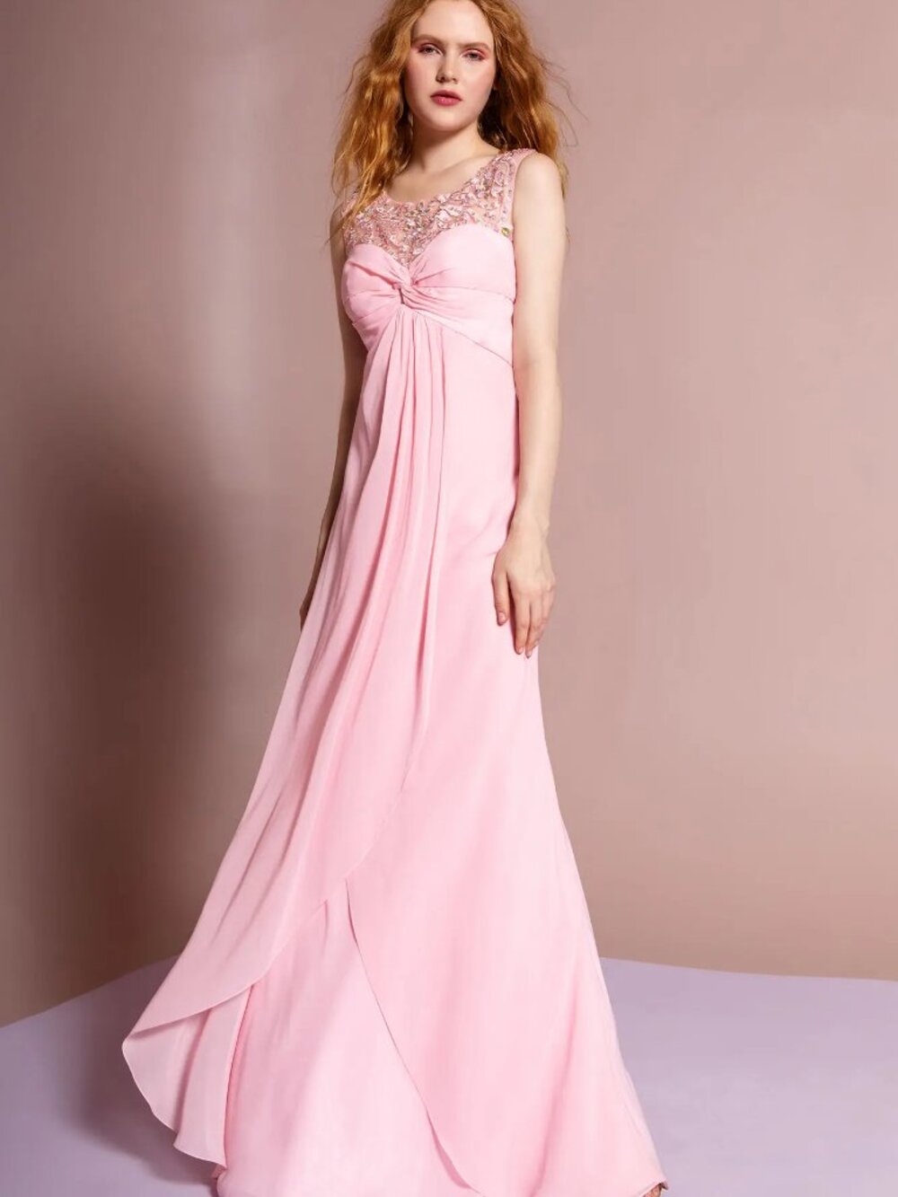NEW PINK Chiffon & Beaded Illusion Neckline Prom Gown GL2061